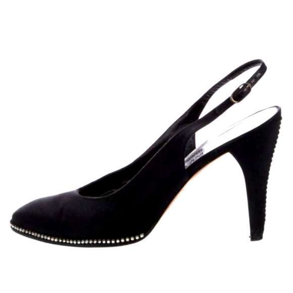 YSL Womens 8.5 VINTAGE Rhinestone Crystal Slingback Heels Almond Toe Black Satin - Picture 5 of 6